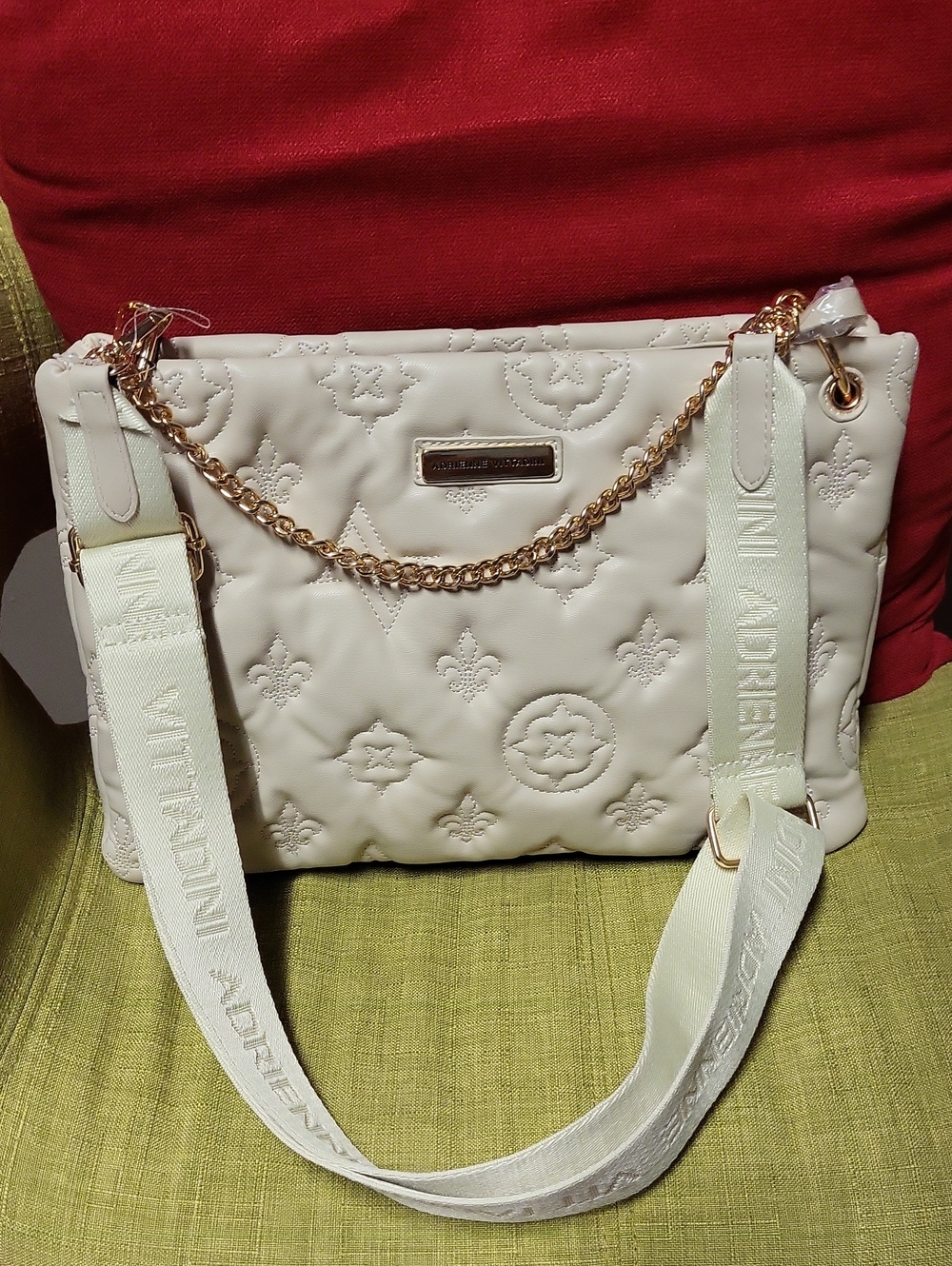 Adrienne Vittadini Cream Quilted Faux Leather Crossbody Bag Zipper Pouch